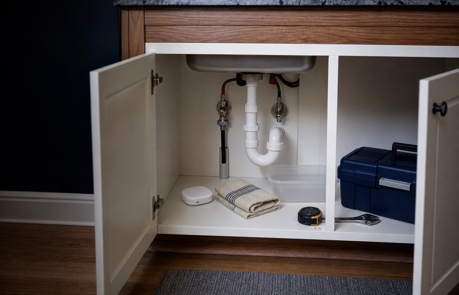 An under-sink cabinet with a water leak sensor, towel, catch tray, toolbox, tape measure, and adjustable wrench.