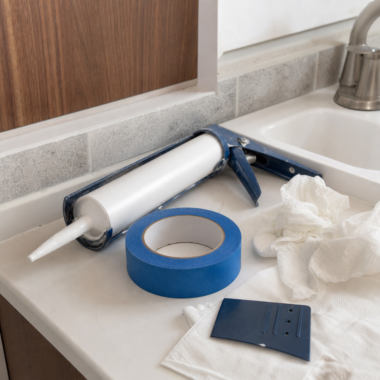 A caulk gun and repair supplies beside a bathroom sink.
