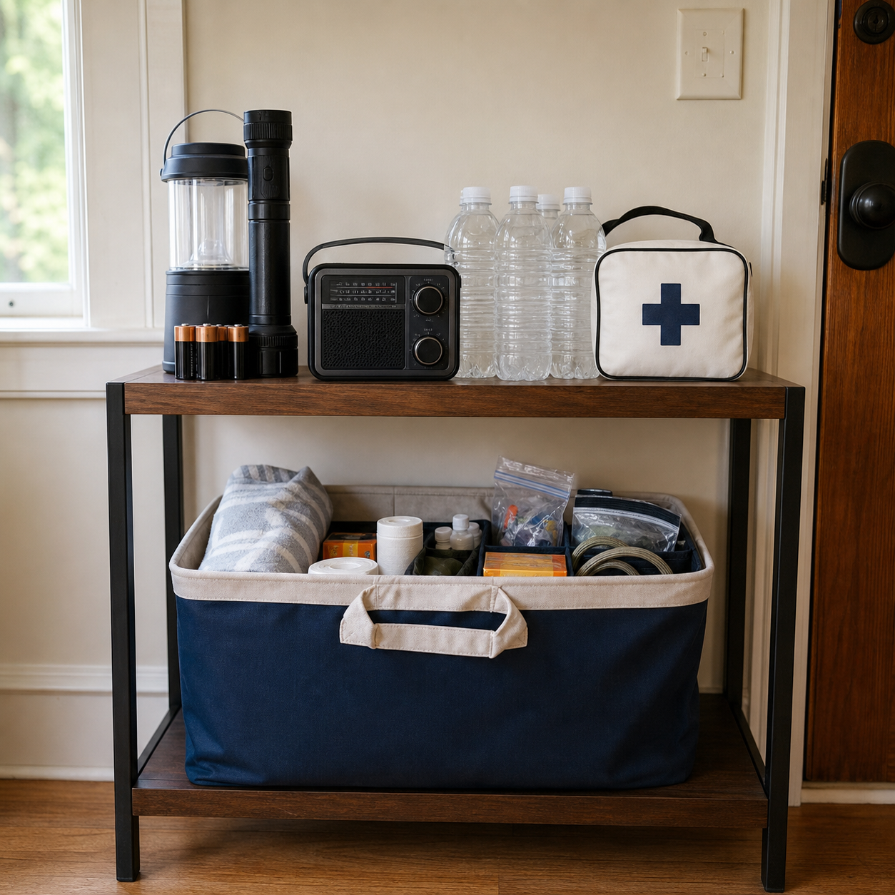 A home emergency shelf with lights, water, and a first-aid kit.