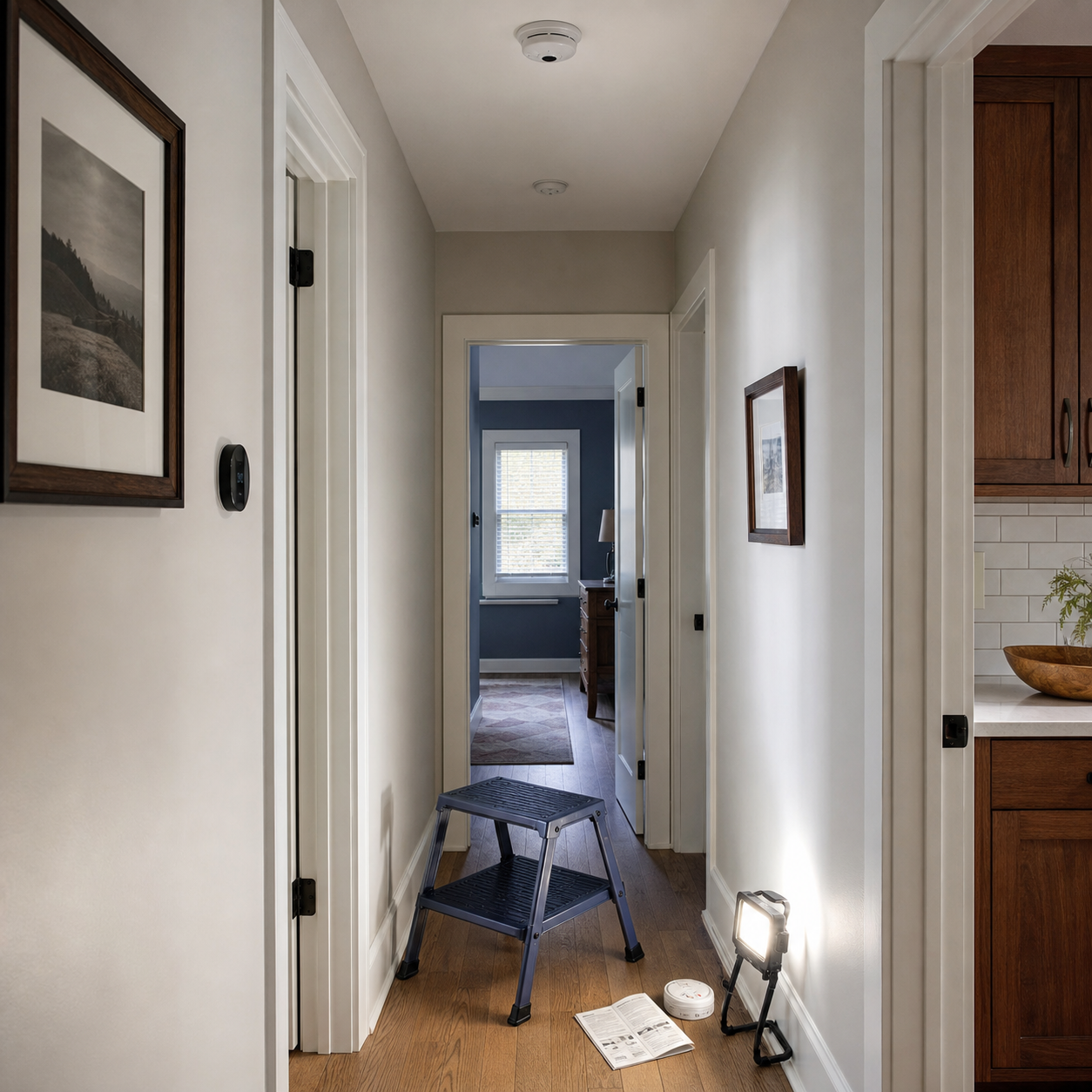 A safe indoor step stool and work light in a hallway.