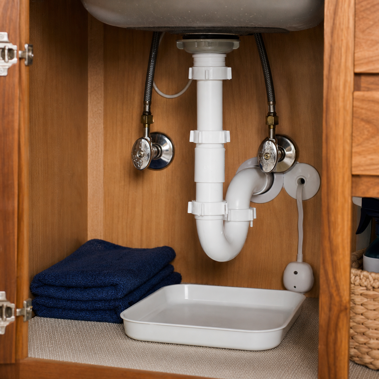 An under-sink cabinet with a water sensor, towel, and catch tray.