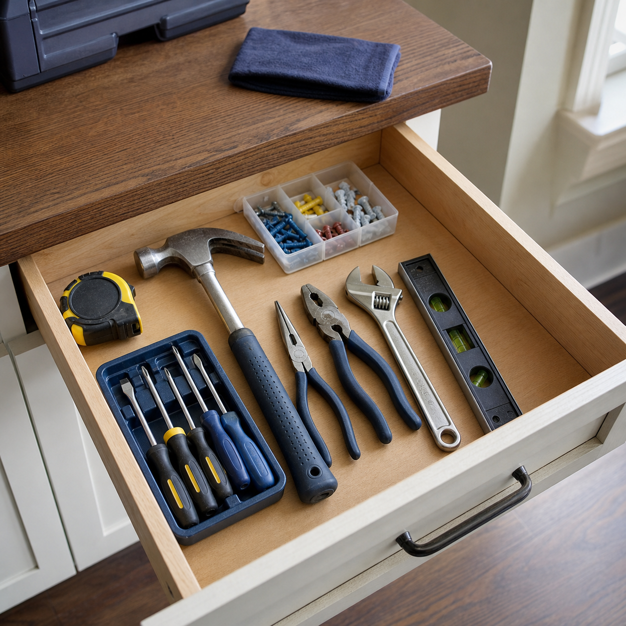 A homeowner tool drawer with basic hand tools.